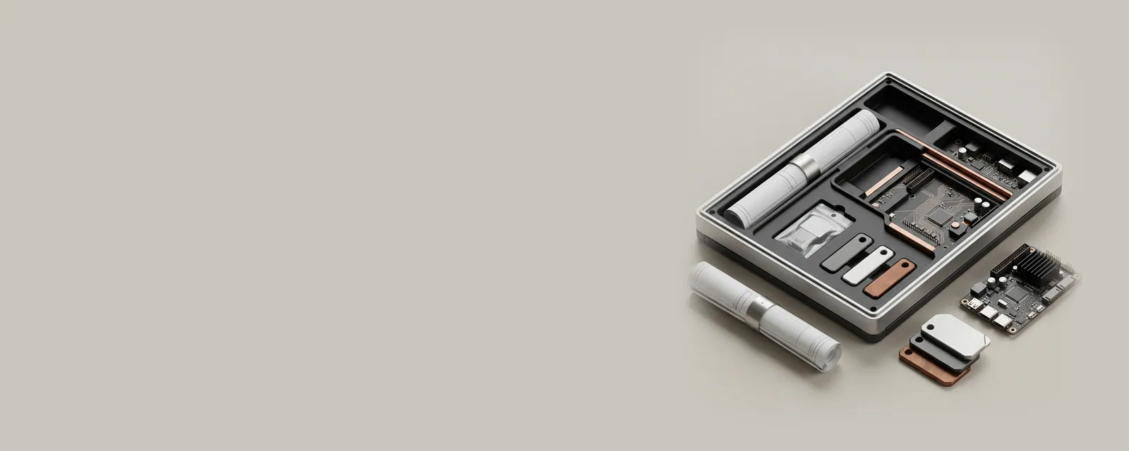 Studio render of an open machined case with fitted compartments holding a rolled sheet, a small sealed tag and file tokens