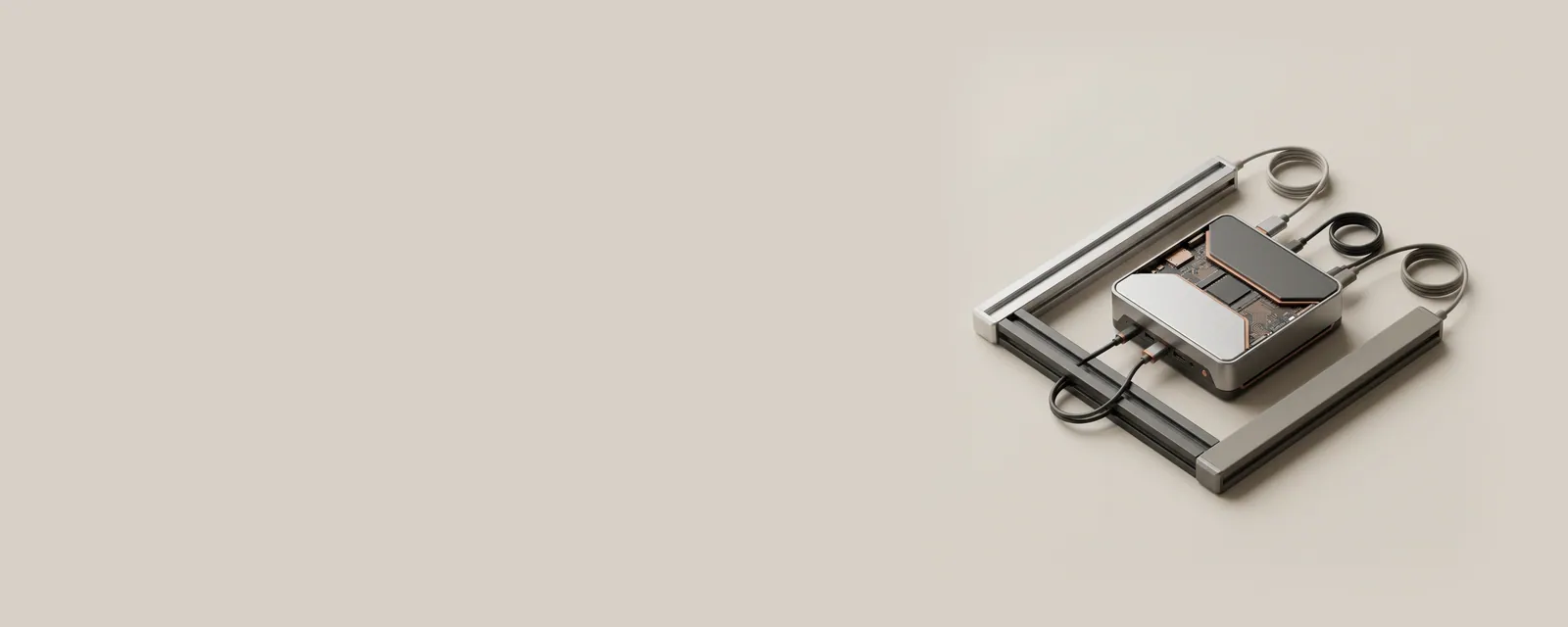 Studio render of three machined rails of different finishes converging from separate sources toward one mini PC
