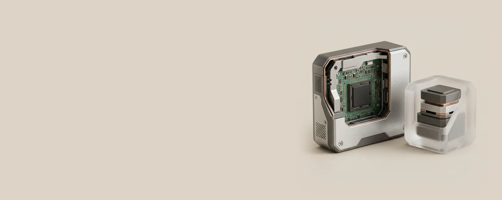 Studio render of a cutaway device revealing a small chip inside its body, beside a separate frosted system block holding its own module