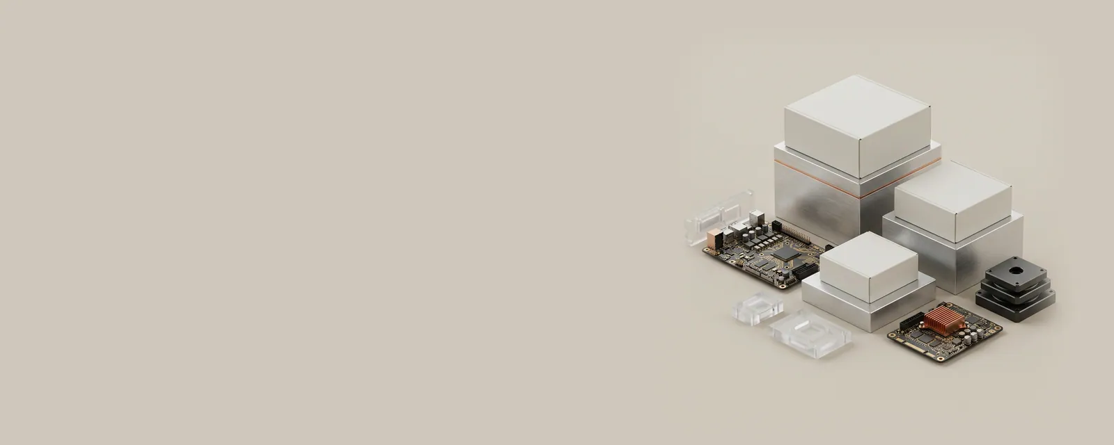 Studio render of three matte package boxes on aluminium blocks of different heights, a thin copper band on the tallest
