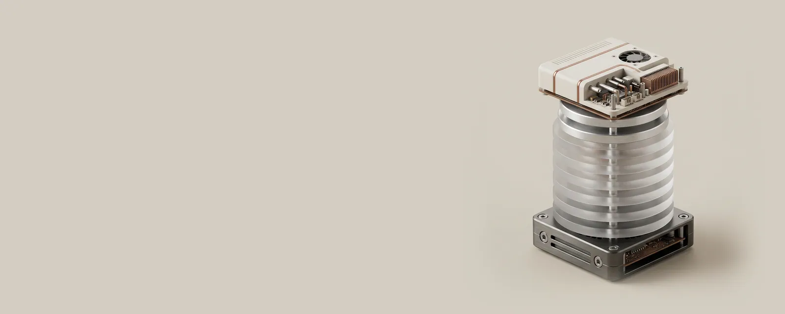 Studio render of a tall stack of graded frosted discs, the bottom resting on a small device and the top supporting an application block