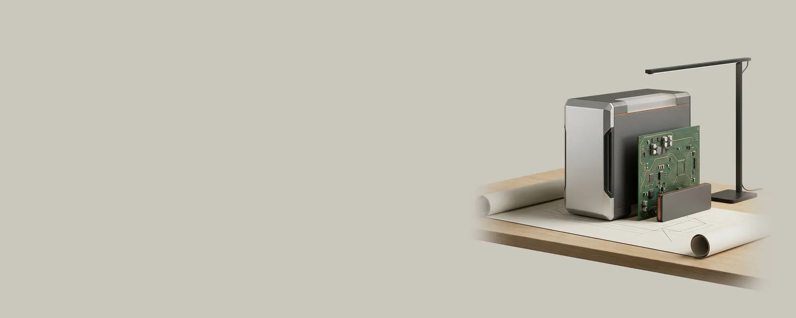 Studio render of a long sheet of matte paper partly unrolled across an oak desk under a slim architect lamp, marked only with abstract lines