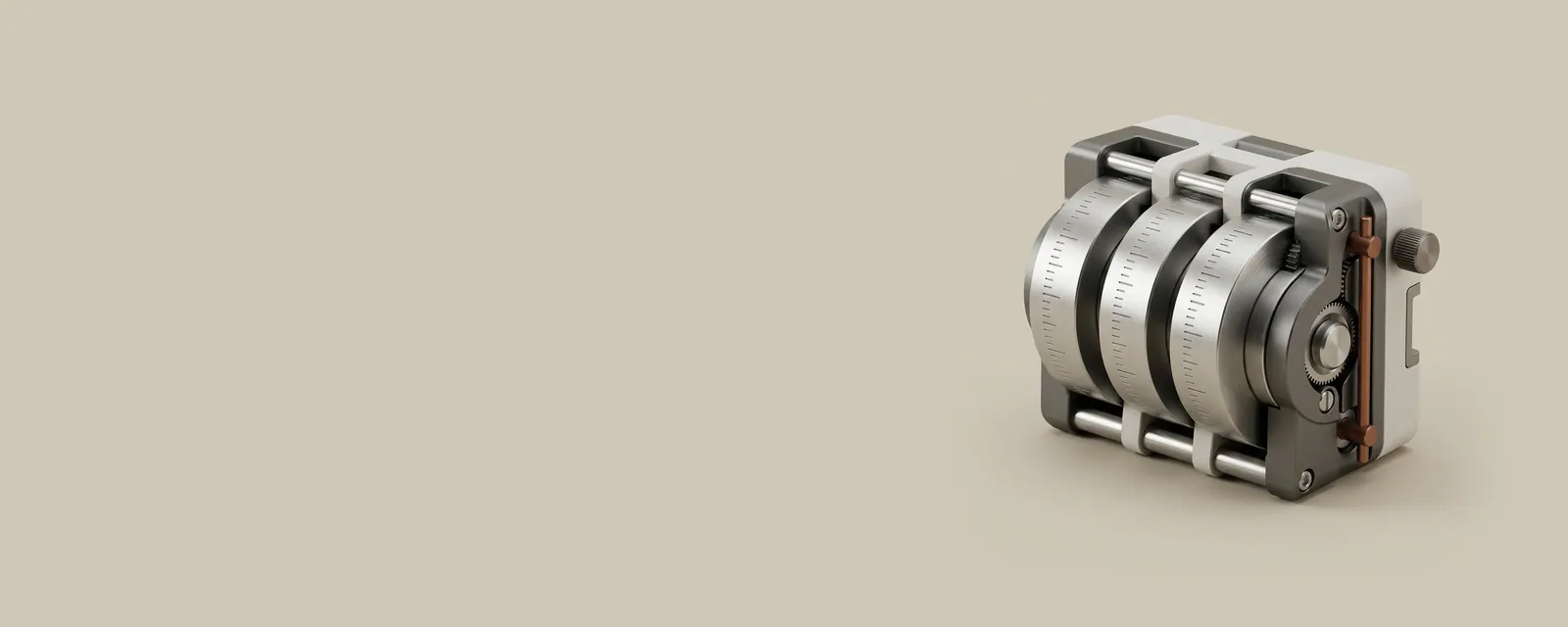 Studio render of a precision rotary counter with three brushed metal wheels showing only engraved tick marks