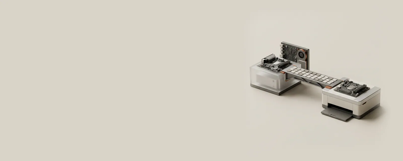 Studio render of a precise steel bridge spanning between a frosted acrylic system block and a generic printer, small tiles crossing it