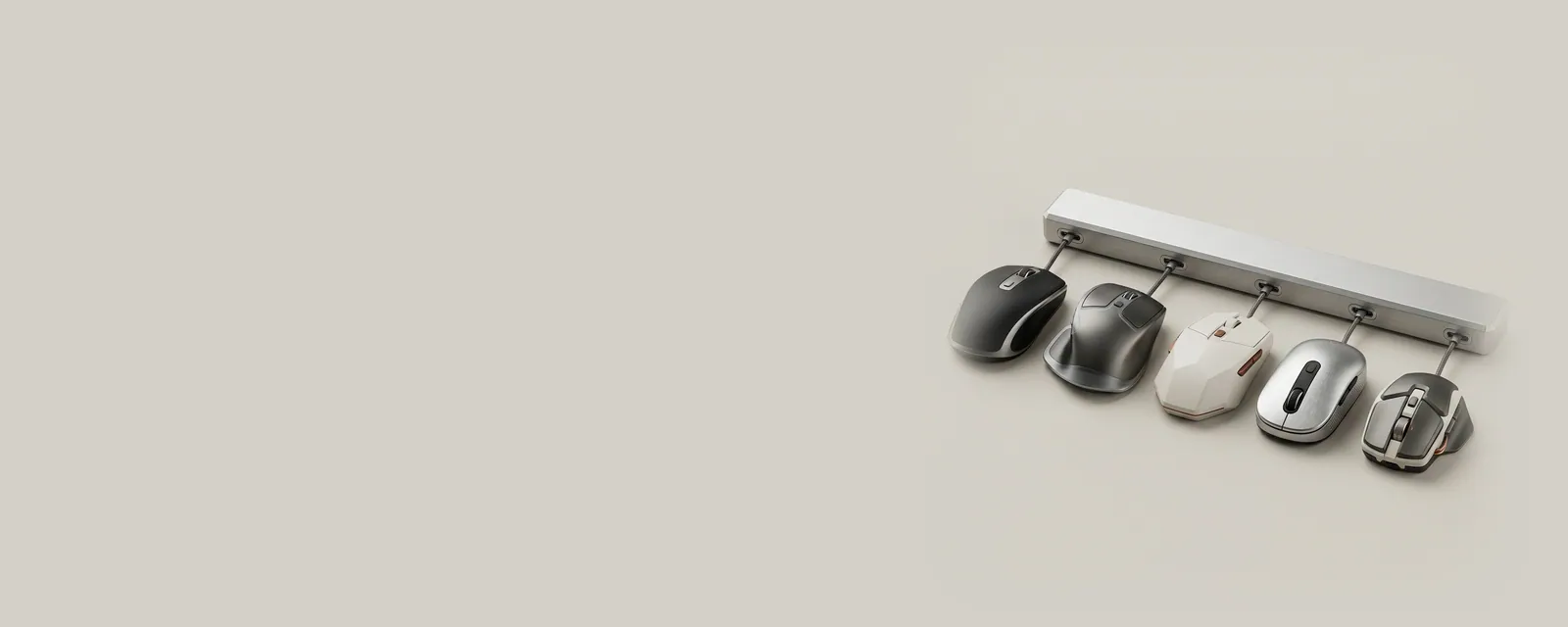 Studio render of a row of mice of different shapes and finishes all connected to identical ports on one long aluminium bar