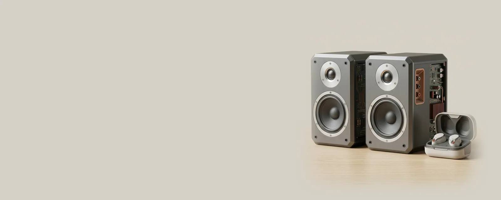 Studio render of a pair of generic bookshelf speakers in matte graphite and a set of wireless earbuds in an open case on a pale oak surface