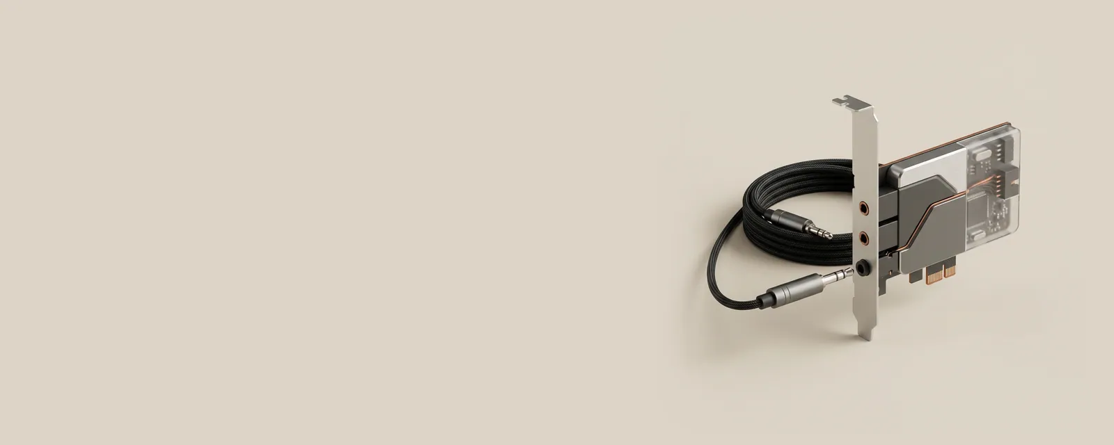 Studio render of a macro view of a 3.5 mm headphone plug about to enter a jack on a sound card bracket, a neat cable coil behind
