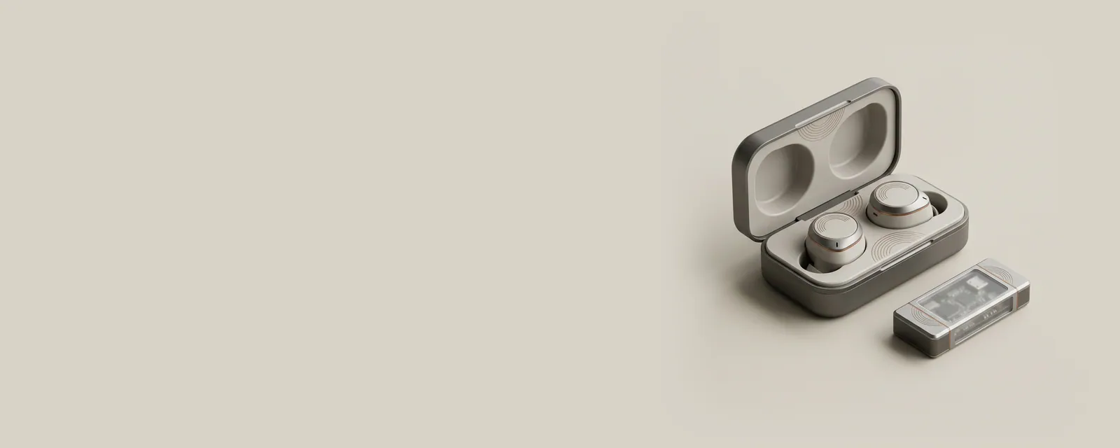Studio render of two wireless earbuds in an open charging case, fine concentric hairline arcs linking them to a small transmitter