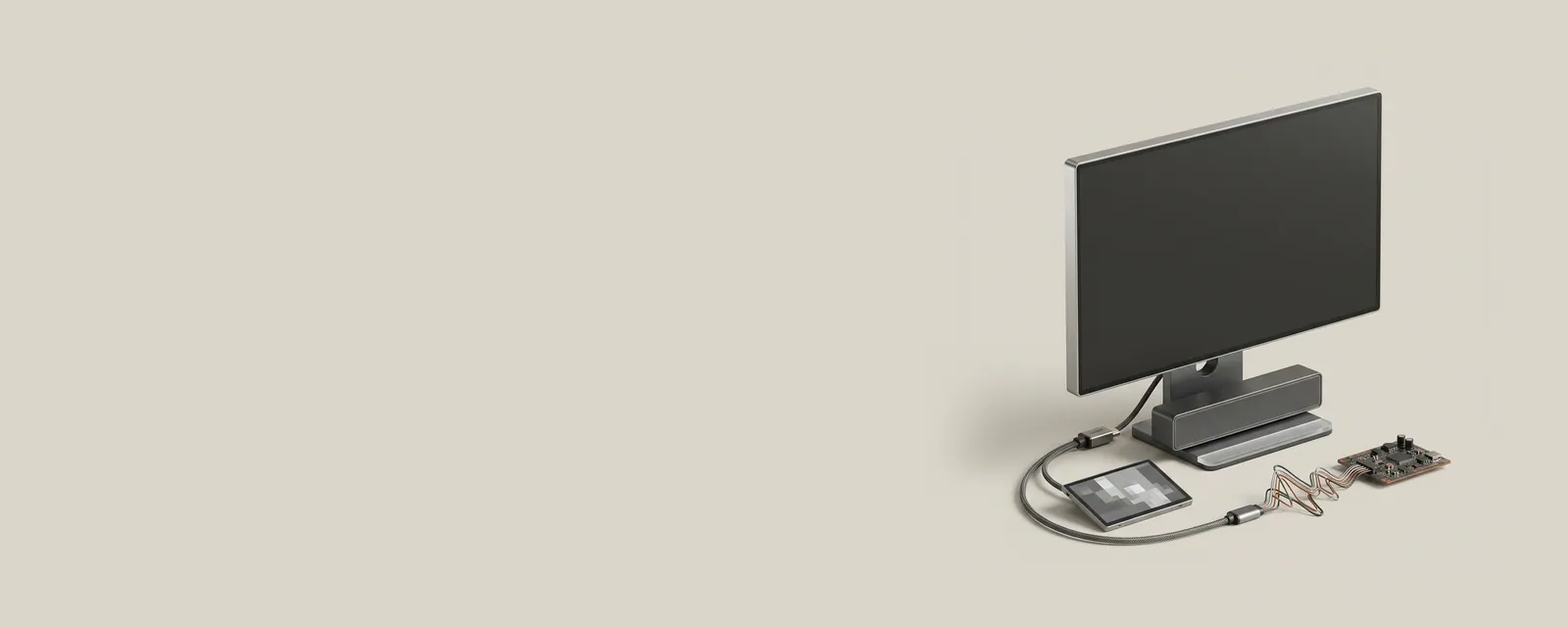 Studio render of a slim monitor with a compact soundbar beneath it, a single HDMI cable split into an image tile and a waveform wire