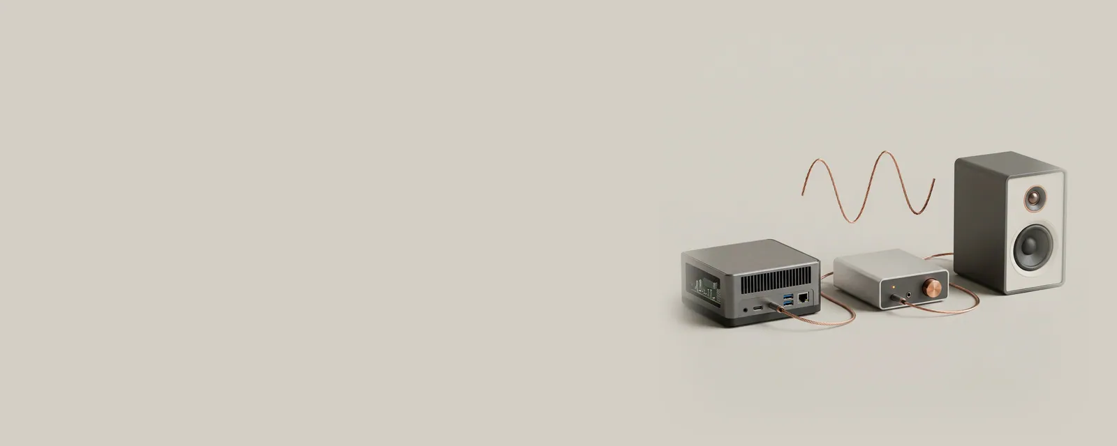 Studio render of a compact mini PC, a small DAC box and a bookshelf speaker connected in a line by fine cables, a sinusoid rendered as a thin copper wire above