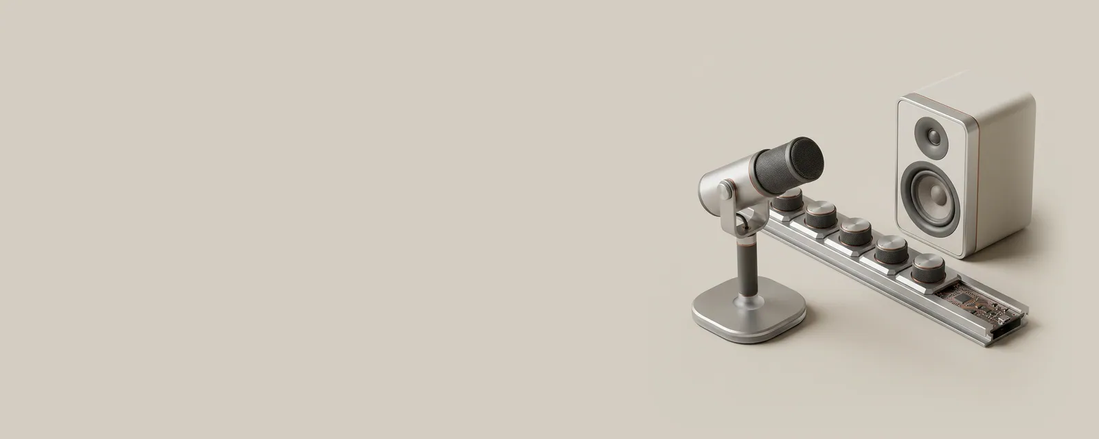 Studio render of a desktop microphone on a weighted base and a bookshelf speaker facing each other across an aluminium rail with a rotary selector between