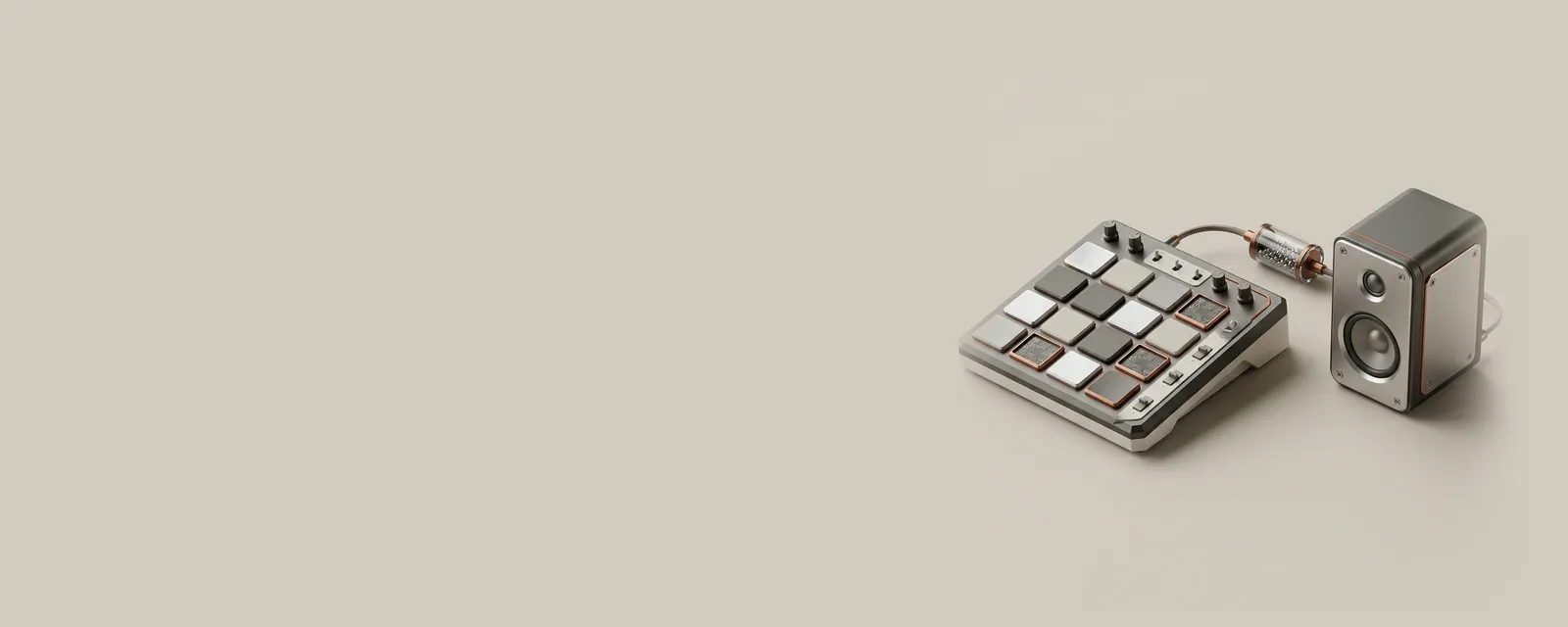 Studio render of a drum pad and a speaker joined by a cable passing through a small glass buffer cylinder filled with steel beads