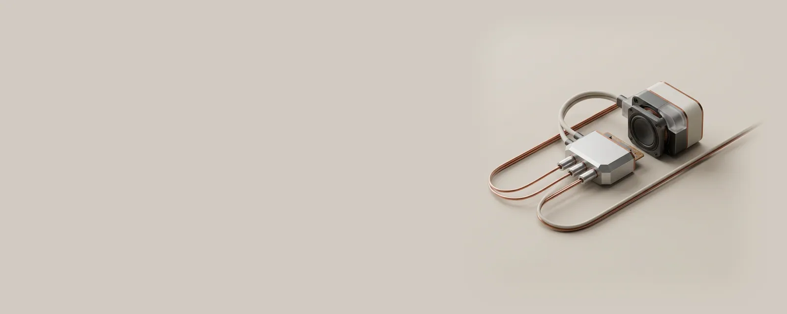 Studio render of three thin copper wires converging into one machined aluminium junction block that feeds a speaker, a fourth wire bypassing it