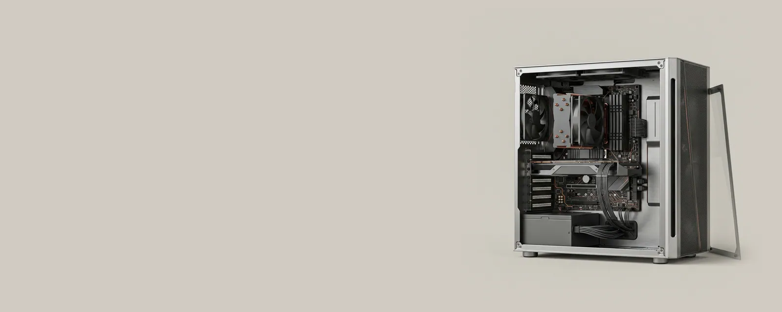 Studio render of a generic desktop tower with its side panel removed, revealing motherboard, memory, processor cooler and expansion card under even studio light