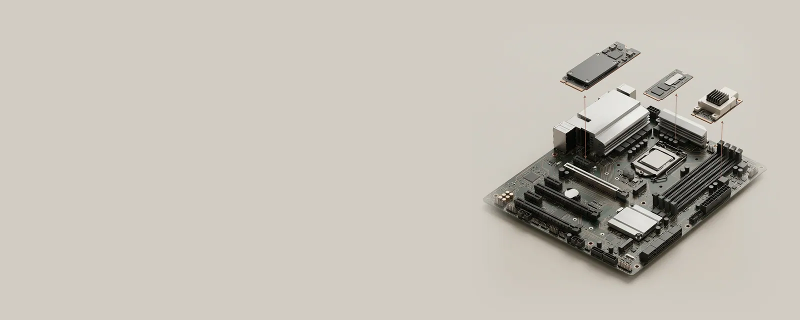 Studio render of a motherboard seen from a three-quarter angle with three small devices hovering above empty slots, thin copper guide lines showing where each will seat