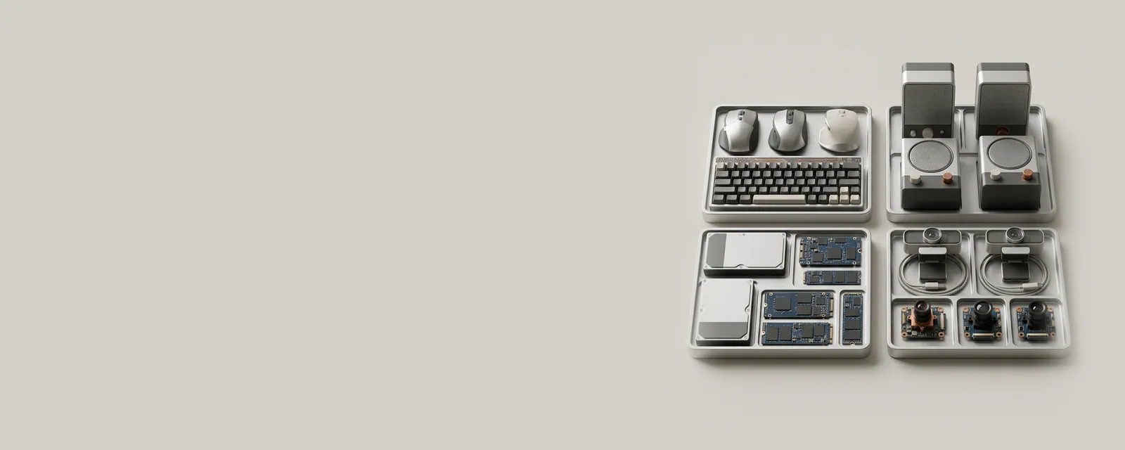 Studio render of generic peripherals sorted into four machined aluminium trays: mice and keyboards, speakers, storage drives, and cameras