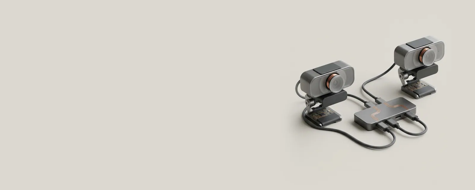 Studio render of two identical generic webcams connected to different ports of a USB hub, each cable traced by a separate thin copper path
