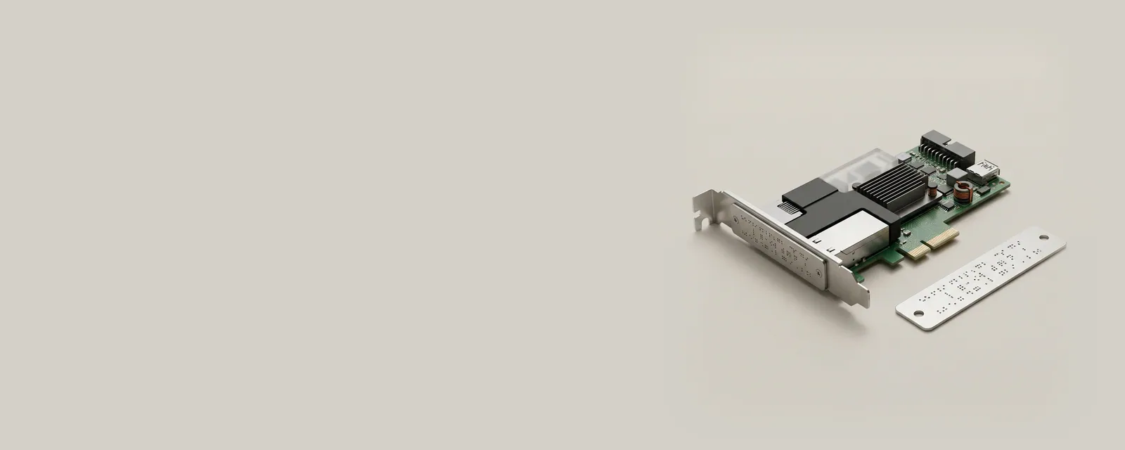 Studio render of a small expansion card with a laser-etched metal ID plate of dot-matrix marks clipped to its bracket, beside a matching etched plate