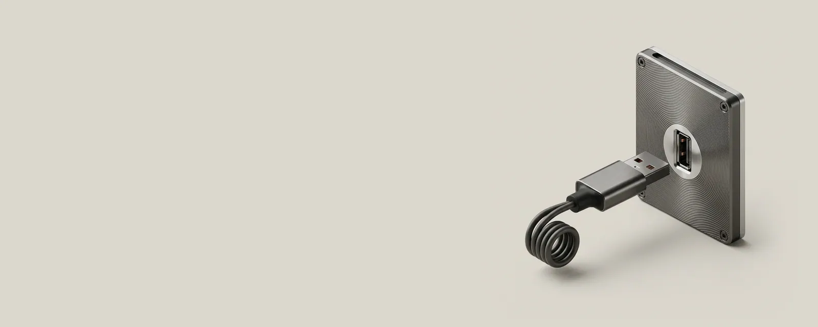 Studio render of a close render of a USB-A plug a few millimetres from a port on a tower front panel, concentric hairline arcs radiating from the port