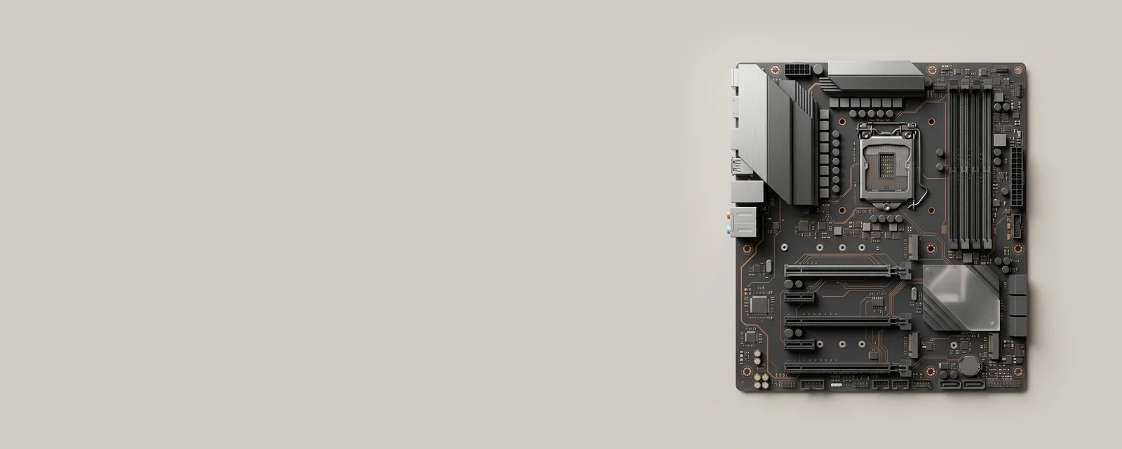 Studio render of a top-down orthographic render of a system board with processor socket, memory slots and PCIe slots, traces highlighted in fine copper