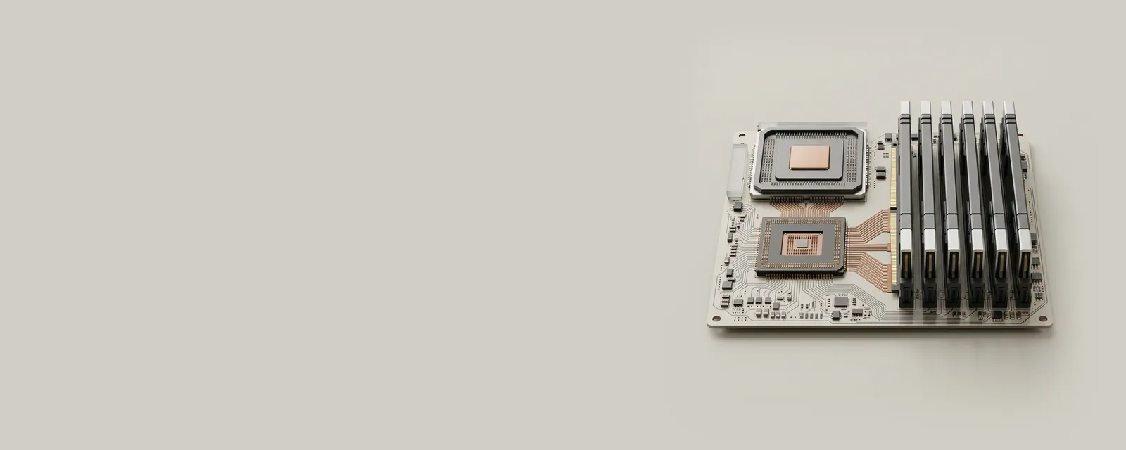 Studio render of a storage controller chip connected straight to a row of memory modules by a highlighted copper bus, the processor beside it unlit