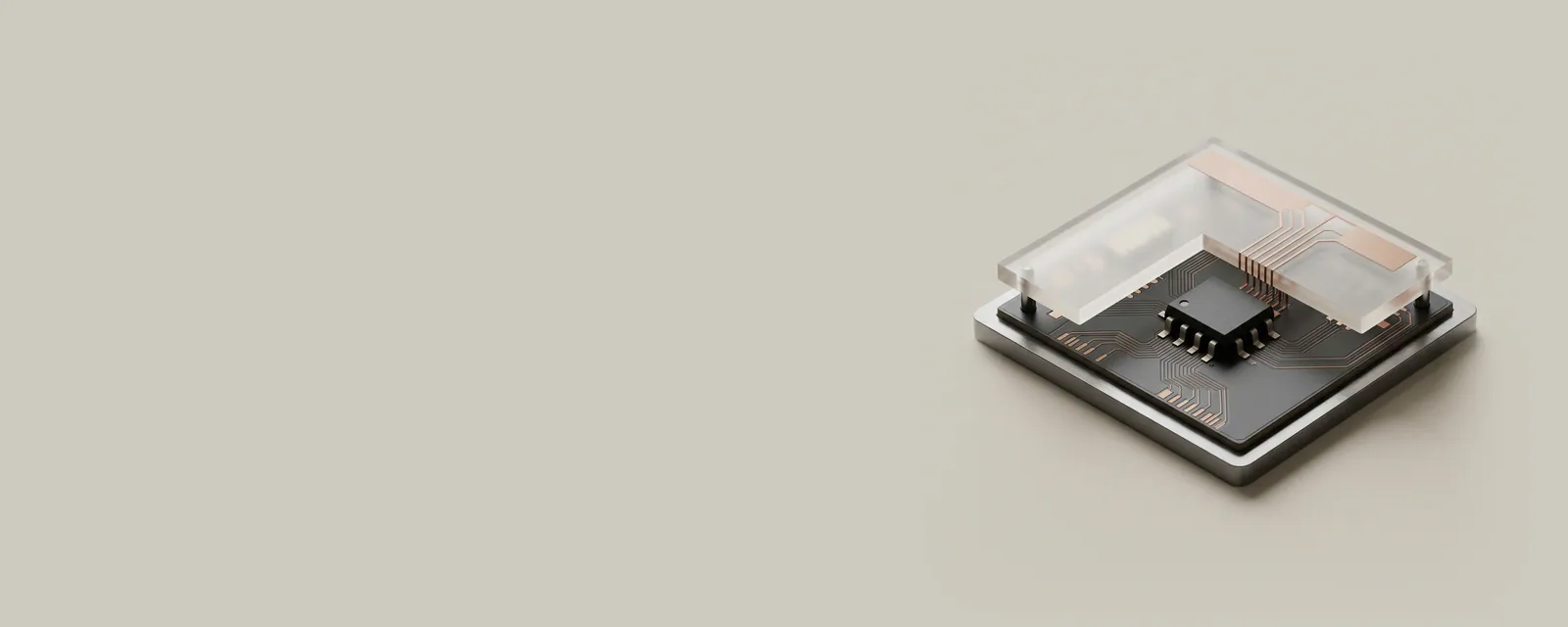 Studio render of a small firmware flash chip on a motherboard with a translucent acrylic layer above it, hairline traces rising toward a thin upper plane