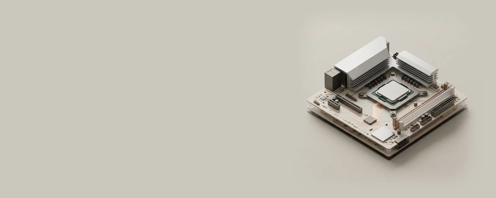 Studio render of a processor package on a board with a single bright copper trace running from a small controller chip to one pin, the trace subtly lit