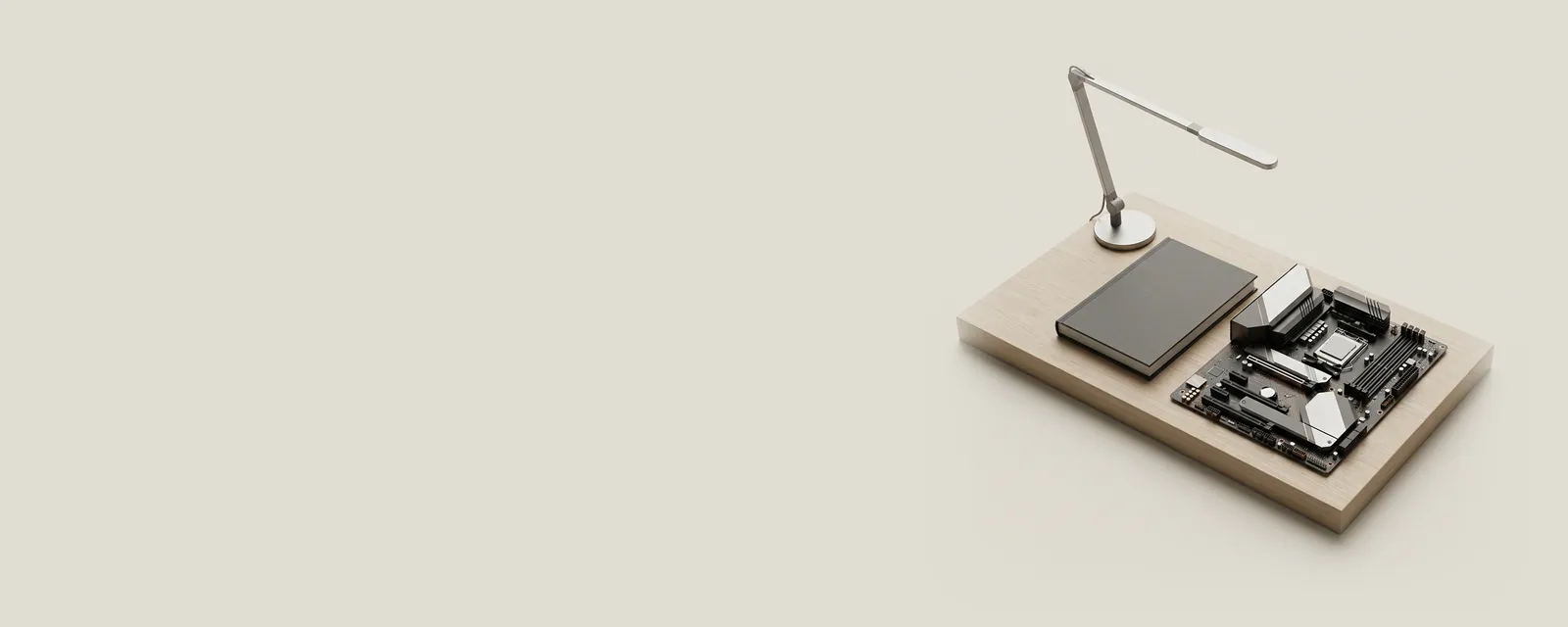 Studio render of a quiet reading desk in pale oak with a slim architect lamp, a closed hardback and a bare motherboard laid flat beside it