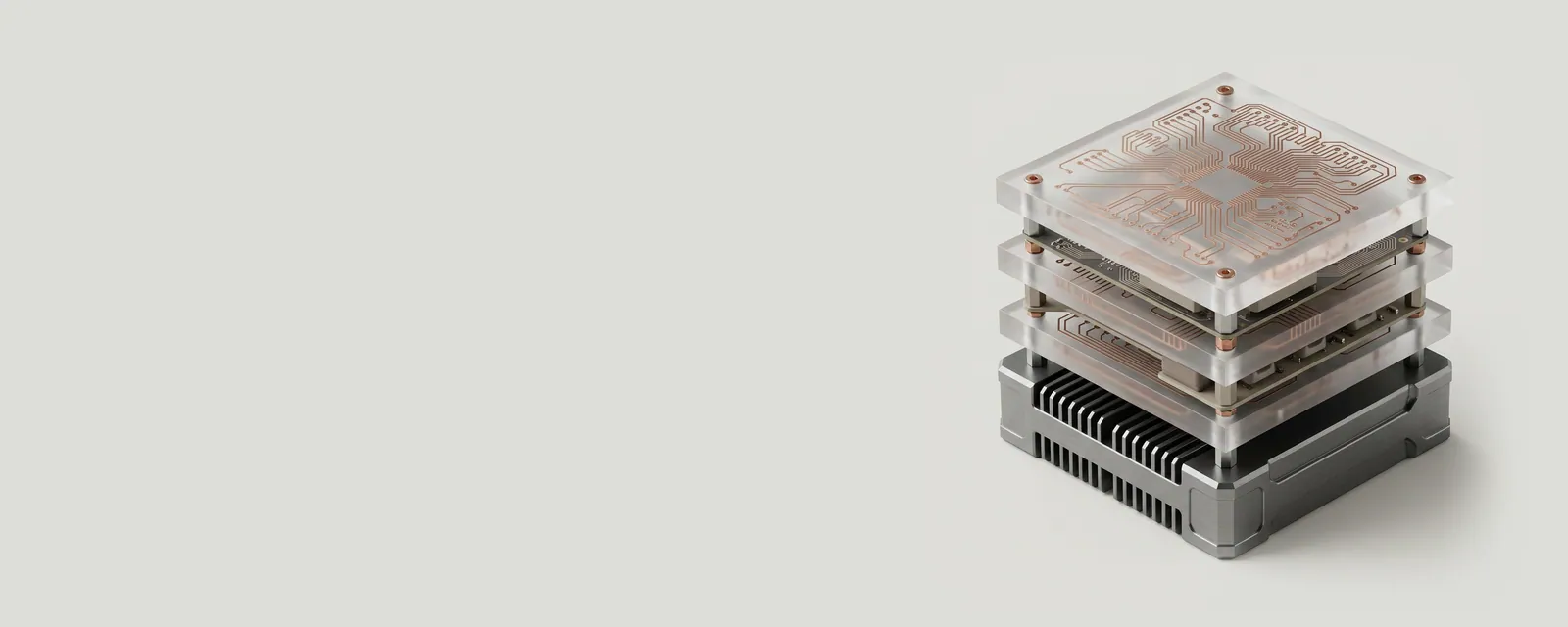 Studio render of a stack of three frosted acrylic plates, each engraved with a fine copper trace pattern of increasing complexity, resting on a machined aluminium base