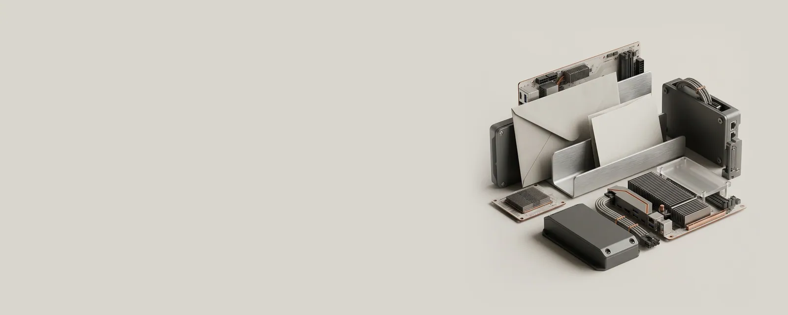 Studio render of a matte paper envelope resting against a brushed aluminium desk organiser with a single folded note card