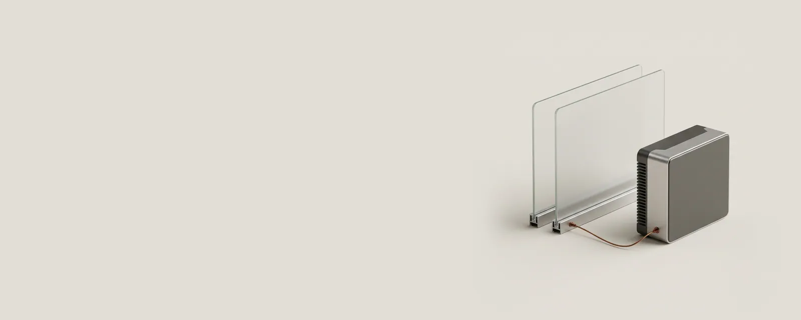 Studio render of two offset frosted glass panels standing on a slim aluminium rail beside a compact generic mini PC, a thin copper line linking them