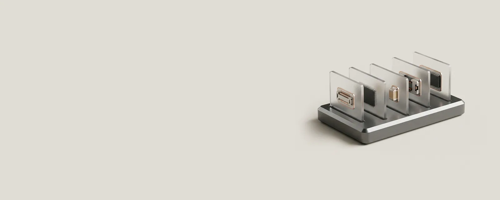 Studio render of a machined aluminium index tray holding a row of thin frosted acrylic cards, each card bearing a small inlaid component: a connector, a chip and a capacitor