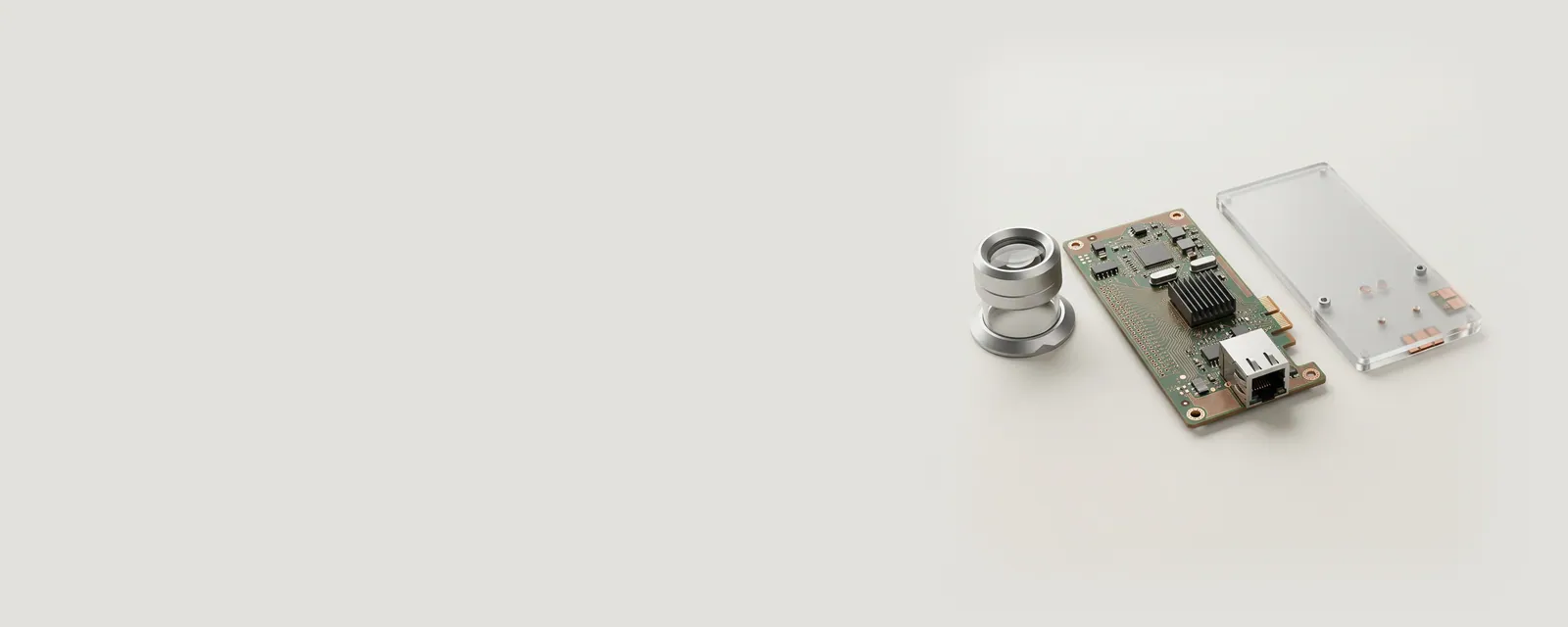 Studio render of a precision inspection set on a matte surface: an aluminium loupe, a slim device-properties panel rendered as a frosted acrylic sheet and a bare network card