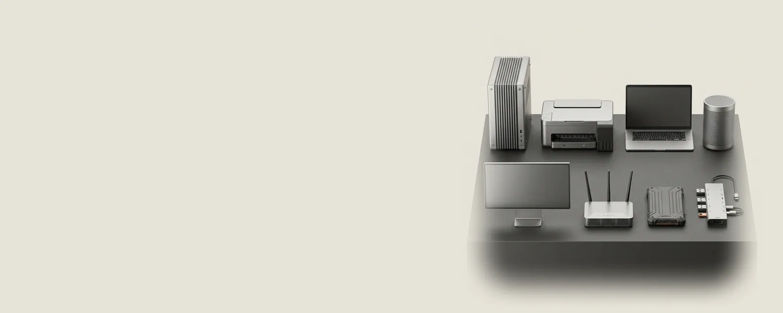 Studio render of eight generic hardware components arranged on an aligned grid on a matte graphite plinth: a tower, a printer, a laptop, a speaker, a monitor, a router, an SSD and a USB hub