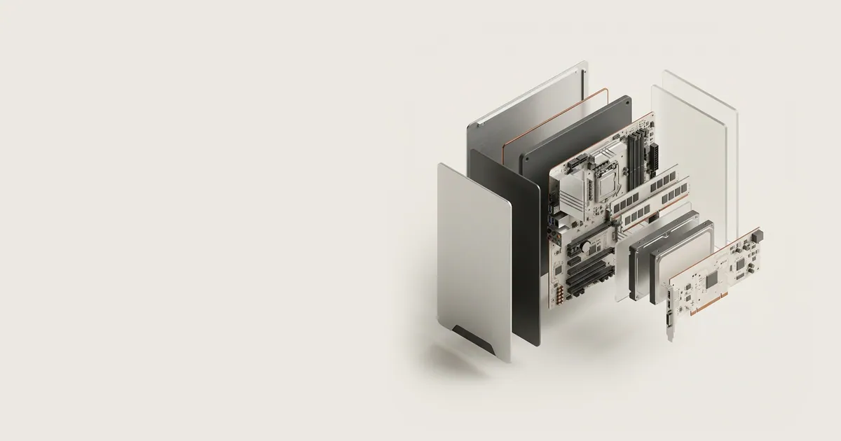 Share image: studio render of an exploded isometric view of a generic desktop computer, its aluminium side panel, motherboard, memory modules, storage drive and expansion card separated in precise parallel layers along one axis