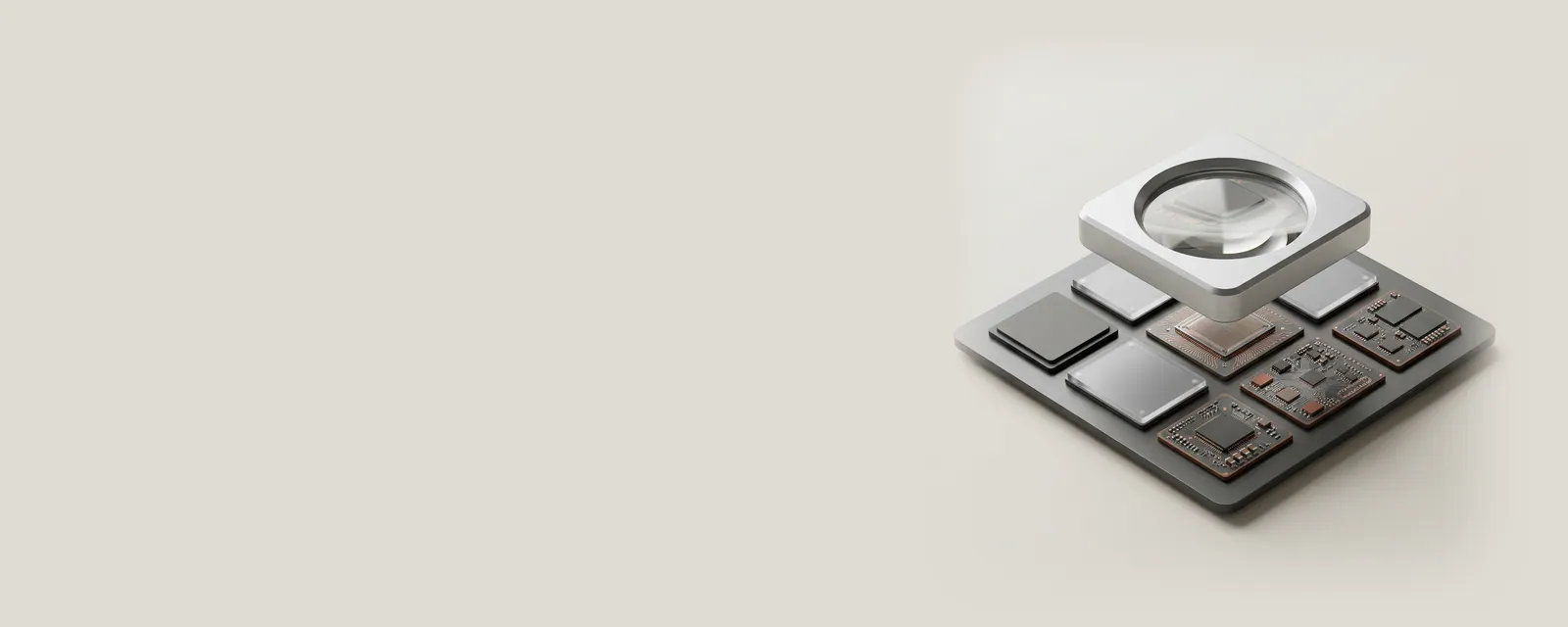 Studio render of an aluminium magnifier lens hovering over a precise grid of small component tiles on a graphite board, one chip tile magnified beneath the glass