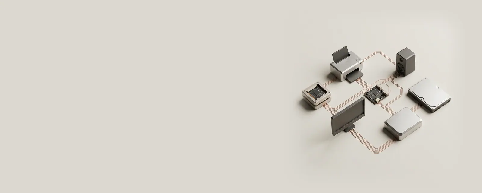 Studio render of an orthographic top-down layout of hairline copper traces linking small machined blocks shaped like a printer, a speaker, a monitor and a drive