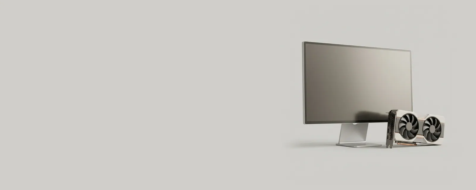 Studio render of a slim generic monitor on an aluminium stand beside a dual-fan graphics card, the display showing a plain gradient of warm greys