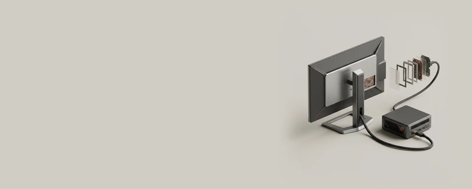 Studio render of a monitor and a small form factor PC joined by a DisplayPort cable, a sequence of thin frame tiles floating along the cable