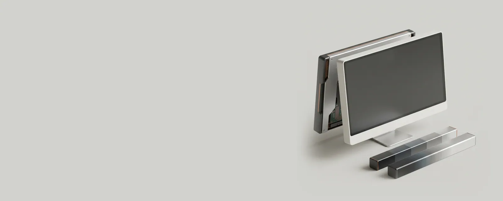 Studio render of two machined colour gradient bars in front of a monitor, one in a few coarse steps and one in many fine bands