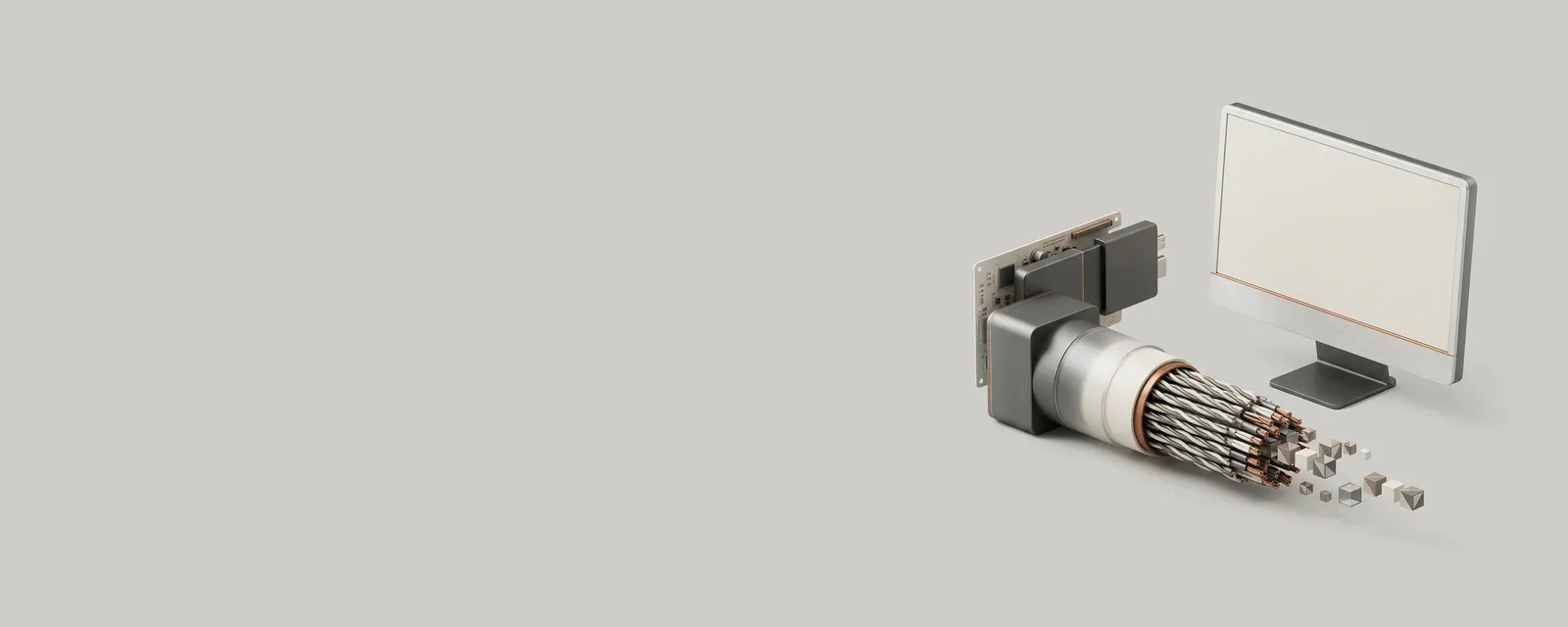 Studio render of a cutaway display cable showing densely packed conductor pairs, frame tiles flowing through it toward a monitor
