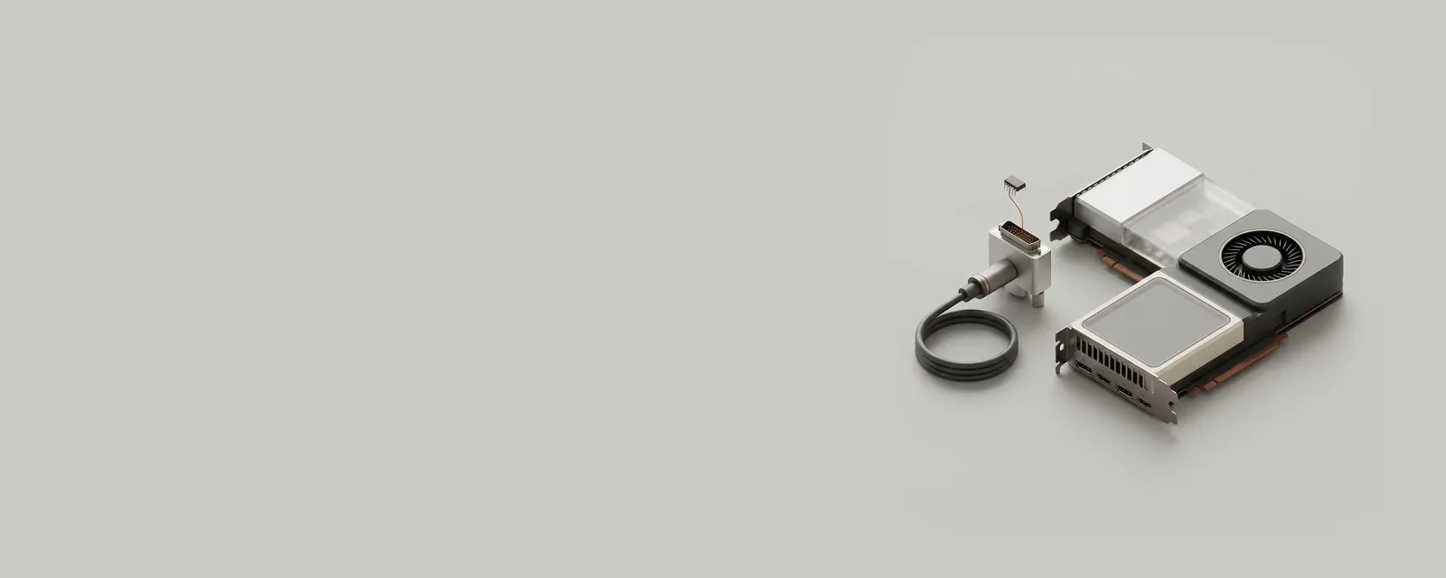 Studio render of a monitor connector with a tiny EEPROM chip lifted out of it on a fine copper lead toward a graphics card