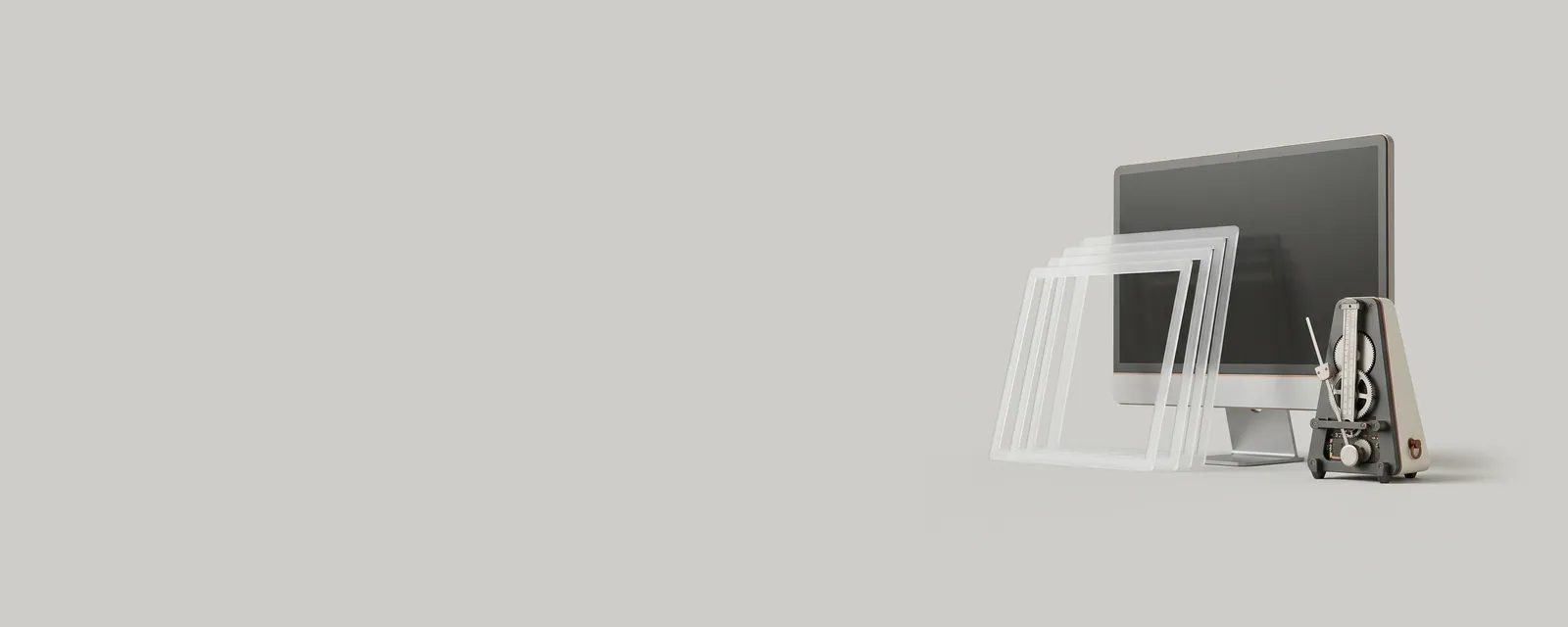Studio render of a monitor with a fan of thin translucent frames in front of it, a precise mechanical metronome beside it
