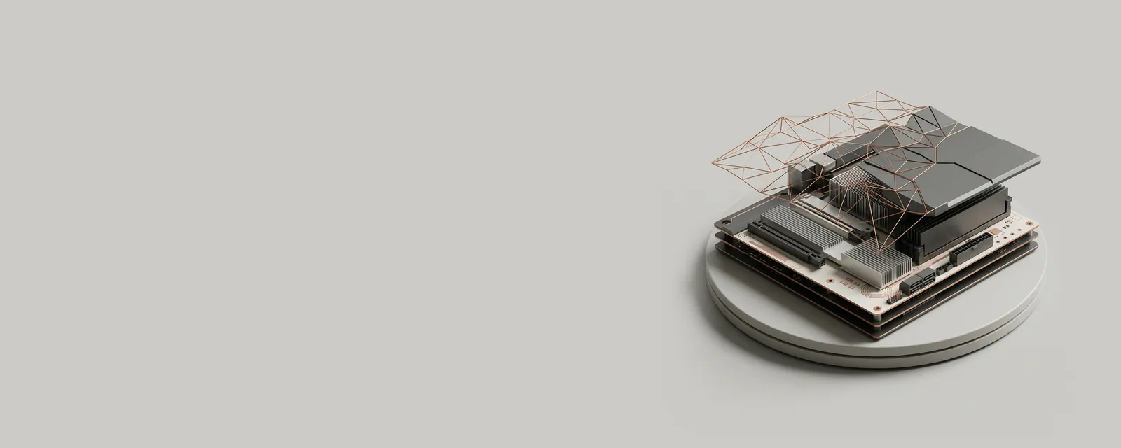 Studio render of a wireframe landscape of triangles in fine copper wire resolving into a solid matte grey surface on a turntable
