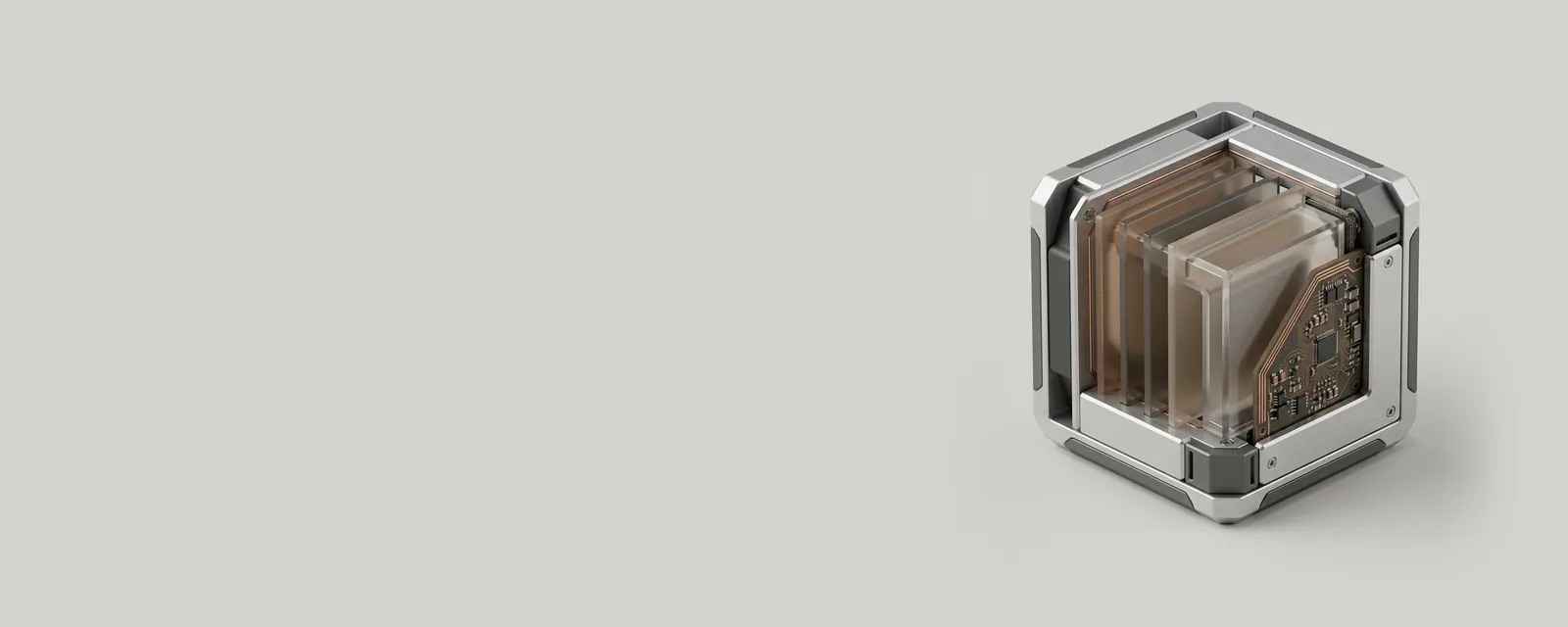 Studio render of several frosted glass panes of different warm neutral tints stacked with slight offsets, merging into one aluminium frame