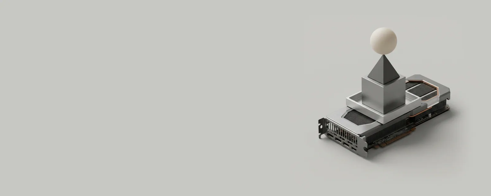 Studio render of a graphics card receiving an ordered stack of machined primitives, a triangle, a cube and a sphere, from an aluminium tray
