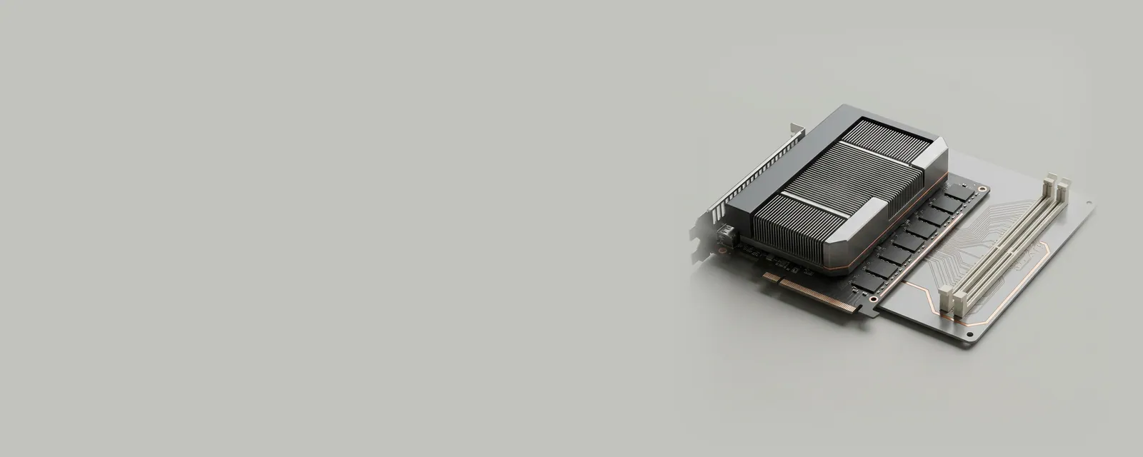 Studio render of a graphics card with its own memory chips beside a motherboard memory bank, fine copper paths connecting both