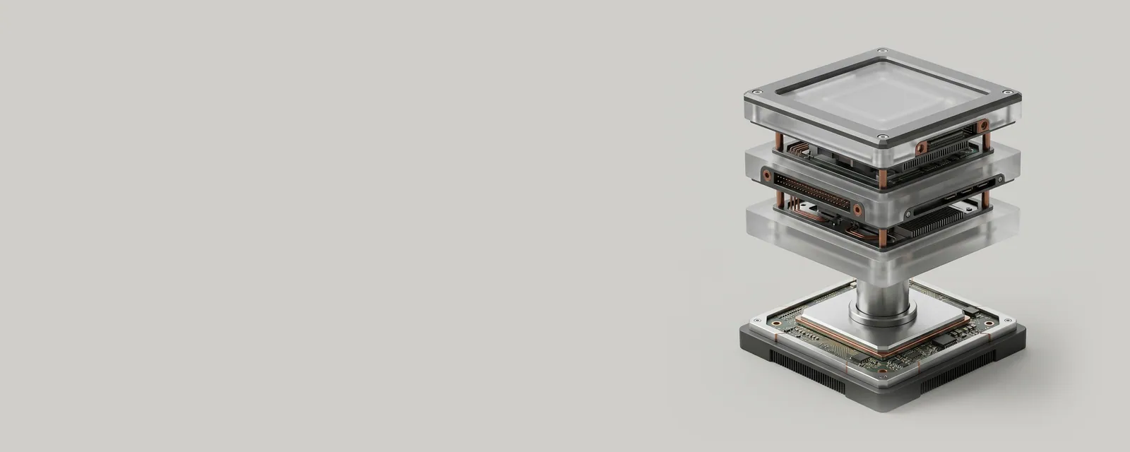 Studio render of a stack of three frosted acrylic slabs on a graphics chip base, joined by a central polished steel column