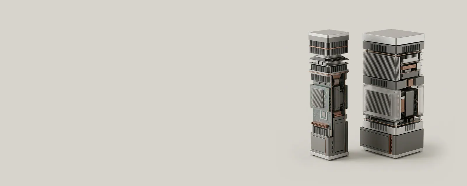 Studio render of two machined towers of stacked blocks side by side, one narrow and one twice as wide