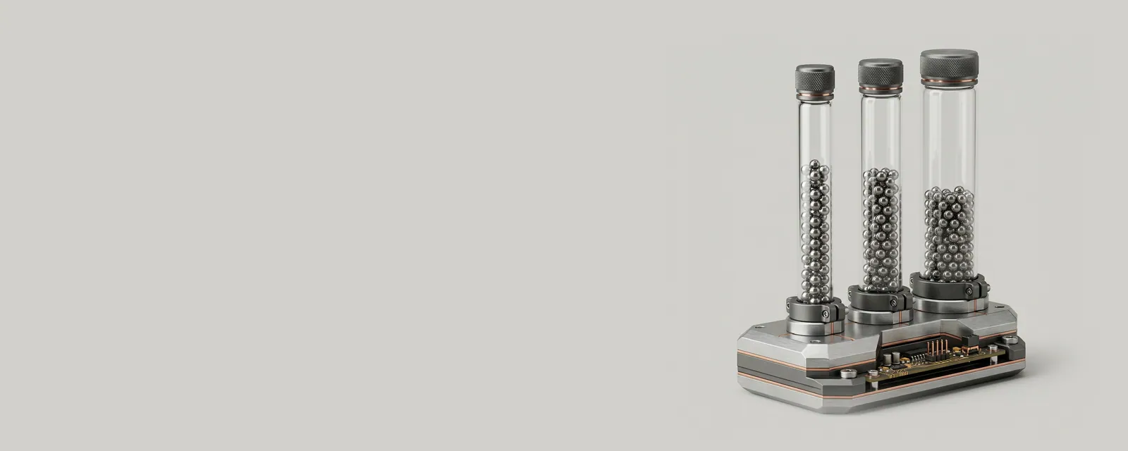 Studio render of three glass pipes of increasing diameter side by side, each carrying a matching volume of steel beads